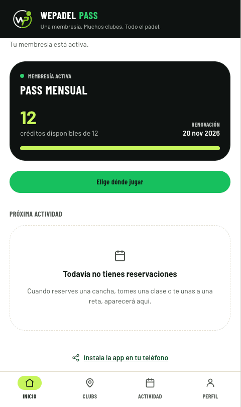WePadel Pass with an active membership and available credits