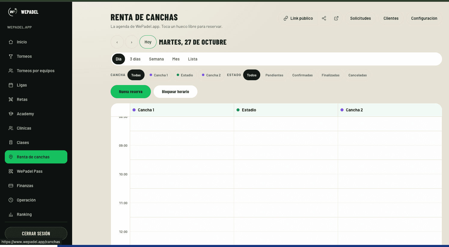 WePadel court booking calendar, with courts in columns and the day's time slots