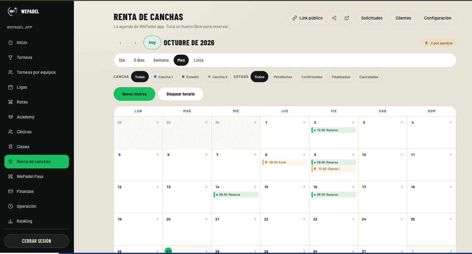 Month view of the booking calendar, with each day's reservations and the ones pending approval