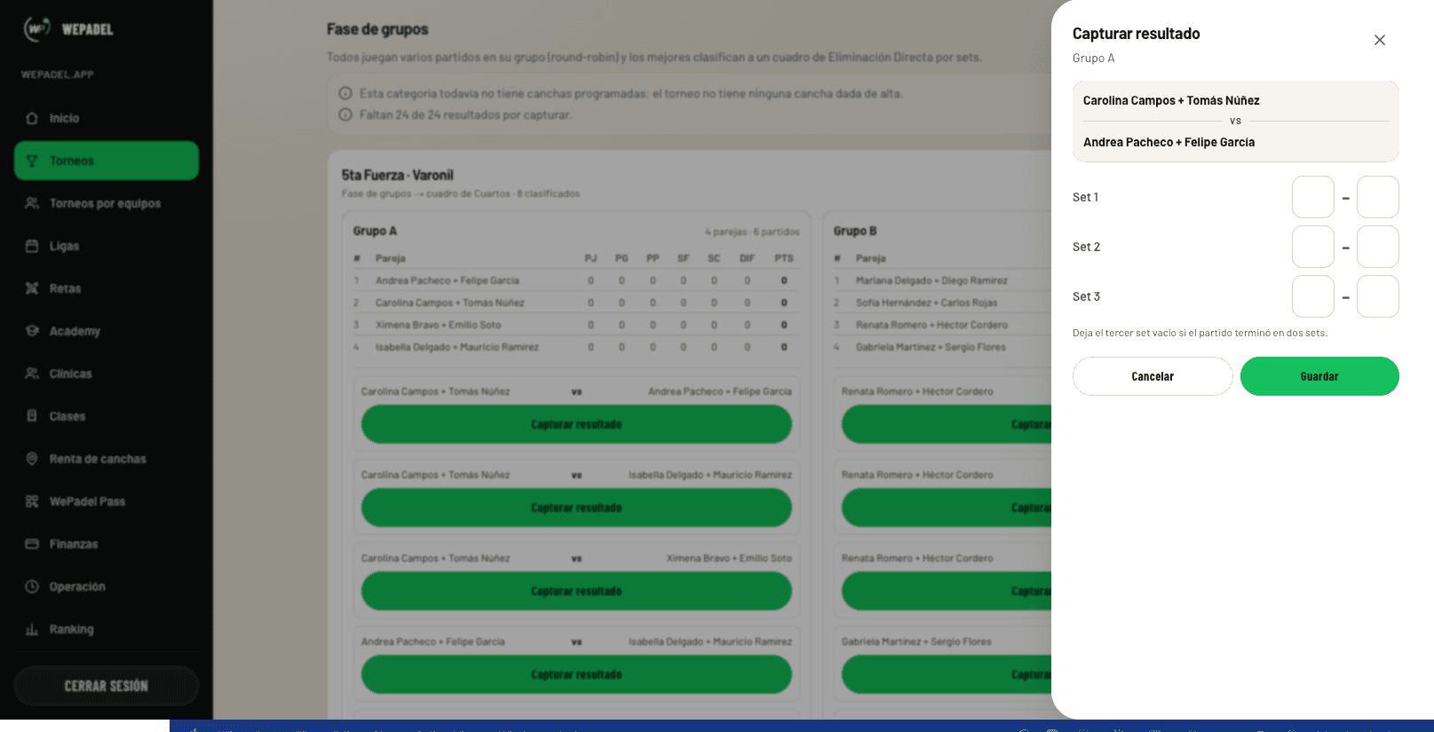 Score entry drawer for a match, with its three sets