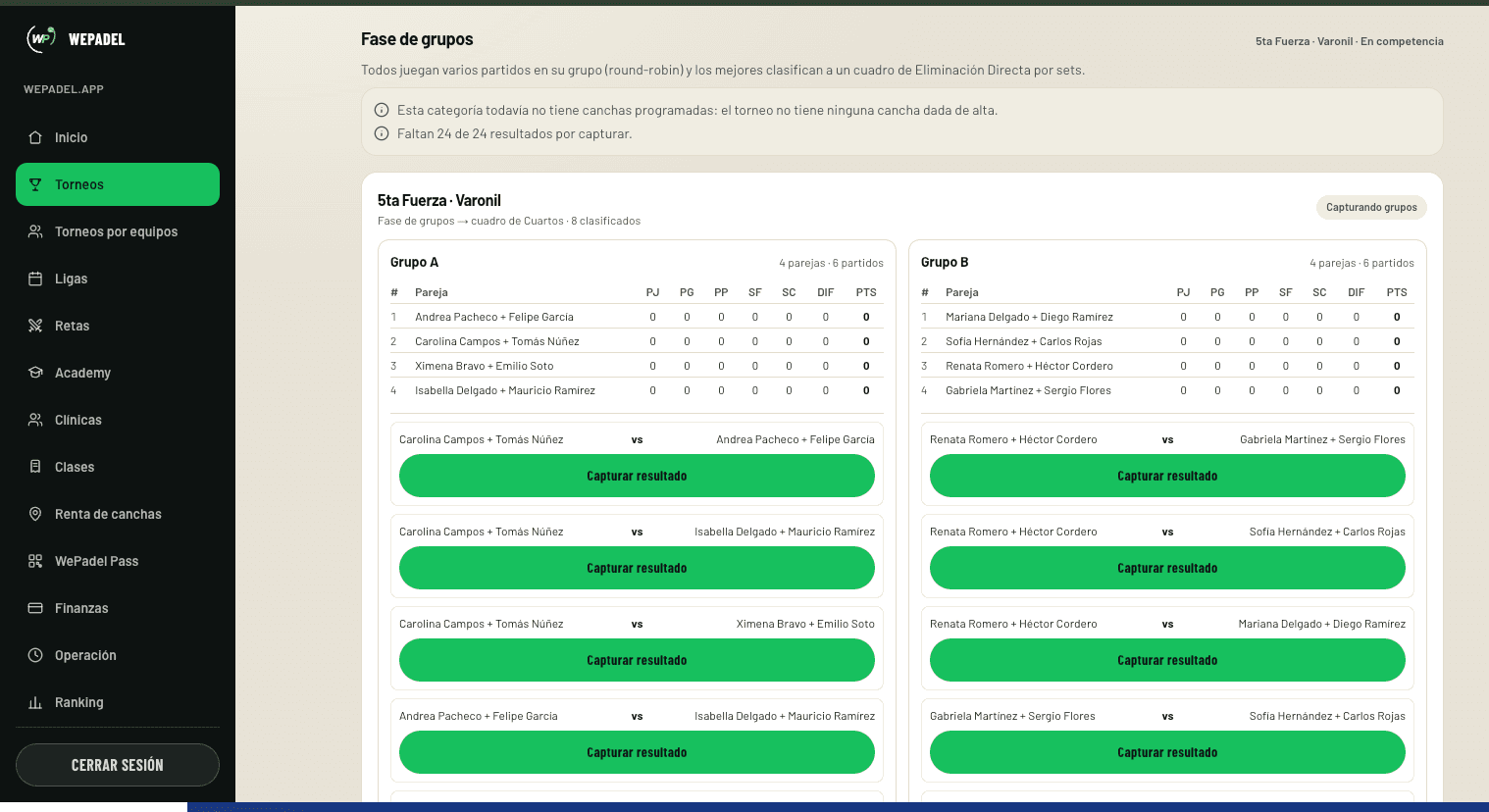Group stage of a tournament with each group's table and the games still to be entered