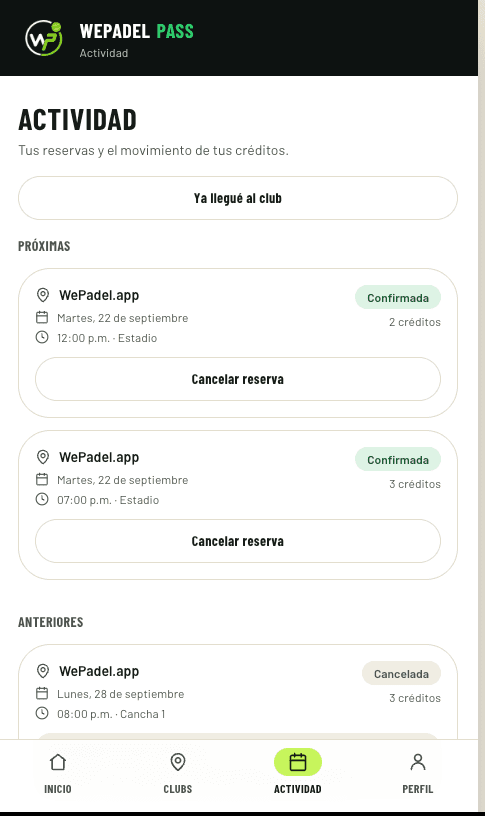 Pantalla de actividad con las reservas confirmadas y el movimiento de créditos