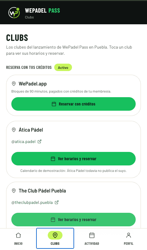 Lista de clubes afiliados a WePadel Pass en Puebla