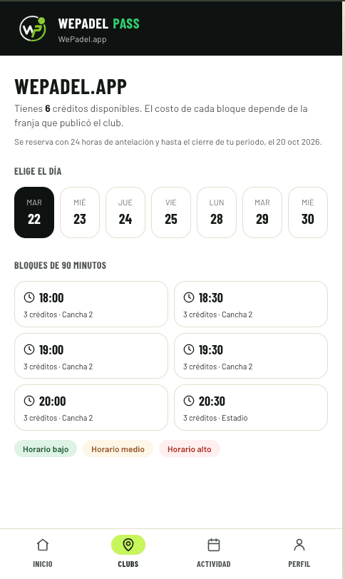 Horarios disponibles de un club en bloques de 90 minutos, con su costo en créditos