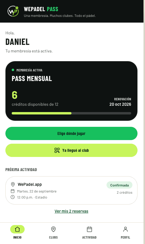 WePadel Pass with an active membership and available credits