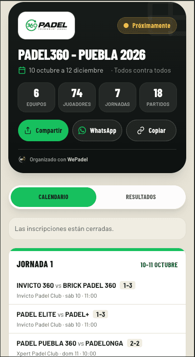Página pública de Padel 360 con el calendario de la jornada 1 y sus resultados