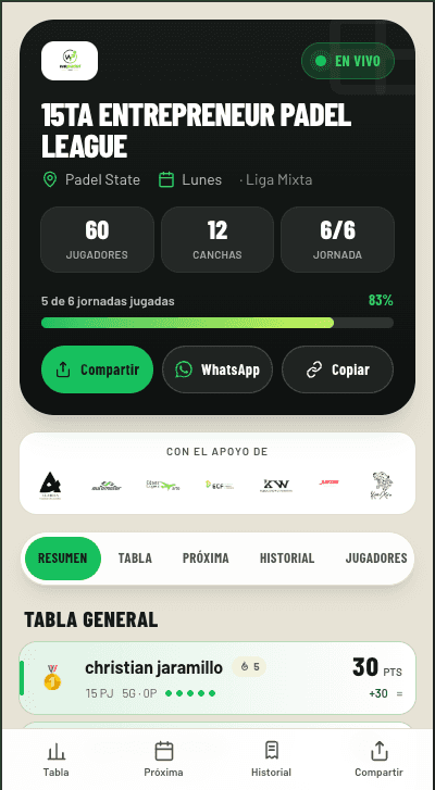 Public page of a league with its sponsors and the overall table