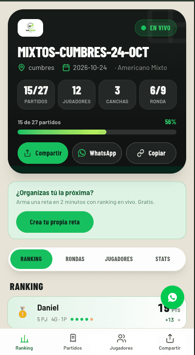Public page of a live open match, with games played, players, courts and the current round