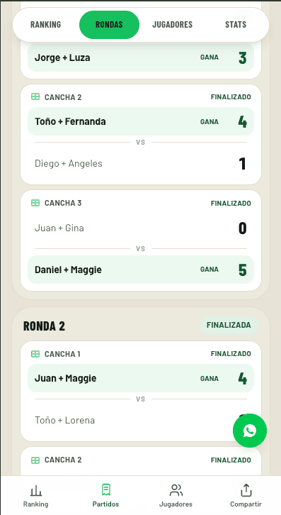 Rounds of the open match with the result of every game, court by court